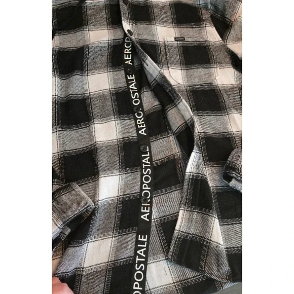 Aeropostale Hooded Flannel Shirt Mens‎ Size L Black White Plaid Button Down - Picture 4 of 9